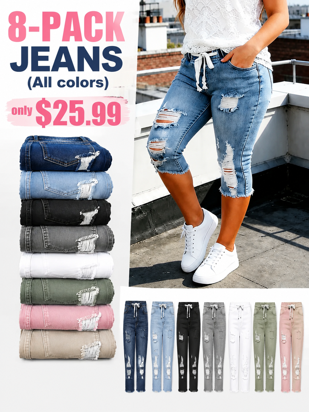 Fashion Distressed Ripped Capri Jeans Plus Size Casual High-Waisted Drawstring Waist Denim Cropped Pants + Lace cutout top